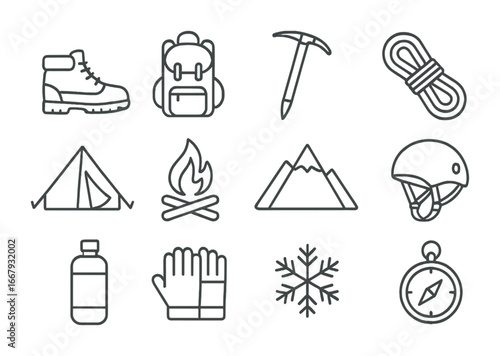 Mountain Travel Icons. Outline icon set of mountain travel photography: hiking boots, backpack, ice axe, rope,