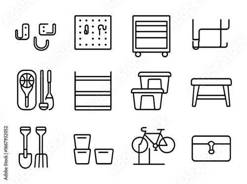 Garage Storage Icons. Outline icon set of garage storage: wall hooks, pegboard, tool chest, ladder rack,