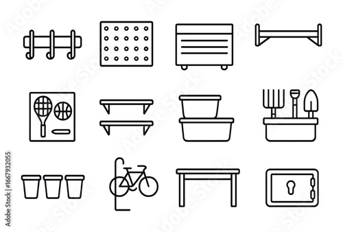 Garage Storage Icons. Outline icon set of garage storage: wall hooks, pegboard, tool chest, ladder rack,