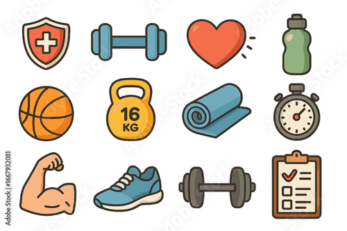 Fitness icon set for health and sport. Vector collection of gym equipment, workout essentials, and healthy lifestyle symbols like dumbbell, heart, kettlebell and stopwatch.