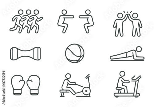 Workout Icon Set. Outline icon set of group workout activities: team run, synchronized squats, high-five,