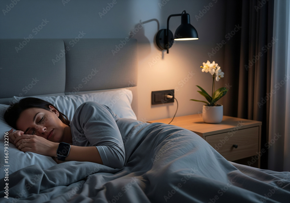 Fototapeta premium Woman sleeping in comfortable bed. Smart watch, that tracks her sleep and wellness tracking. Tranquility and importance of restful sleep, wellness, and modern health technology.