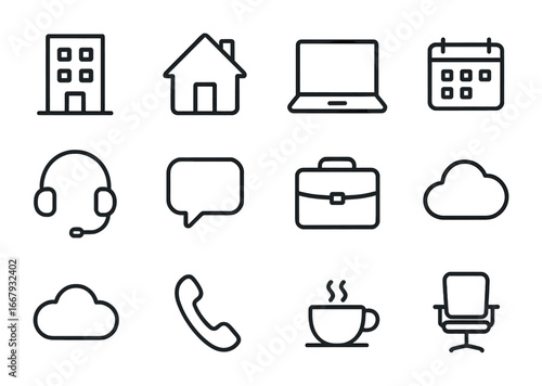 Hybrid Work Icons. Outline icon set of hybrid work models: office building, home, laptop, Wi-Fi, calendar,
