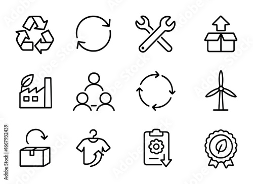 Circular Economy Icons. Outline icon set of circular economy: recycling arrows, closed loop, repair tools,