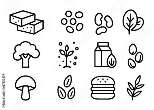 Plant-Based Nutrition Icons. Outline icon set of plant-based nutrition: tofu, lentils, beans, spinach,