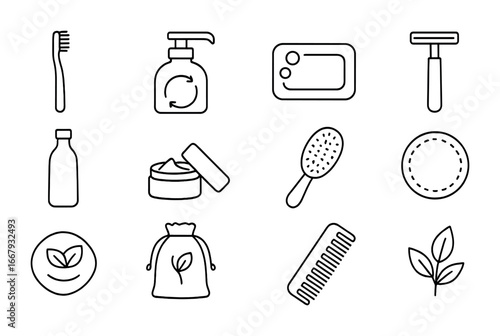 Sustainable Beauty Icons. Outline icon set of sustainable beauty and hygiene: bamboo toothbrush, refill jar,
