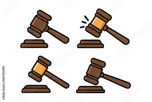 Judge gavel and sound block vector icon collection. Cartoon illustration set of a court hammer for law, justice, auction, and verdict concepts. Legal symbol of authority.