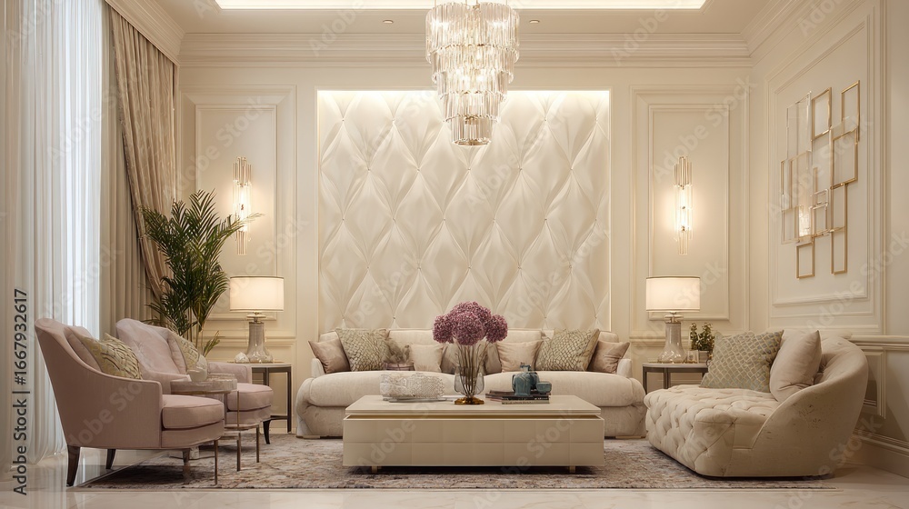 Fototapeta premium Elegant living room with light colors, featuring a large sofa and decorative lighting