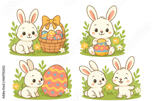 Cute Easter bunny characters collection. Spring holiday celebration with rabbit, basket, and decorated eggs. Vector cartoon animal illustration set for kids and egg hunt.