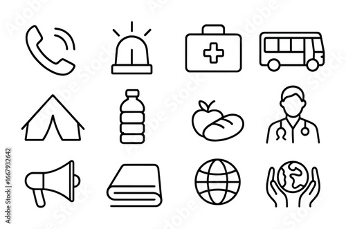Crisis Response Icons. Outline icon set of crisis response support: emergency phone, siren, first aid kit,