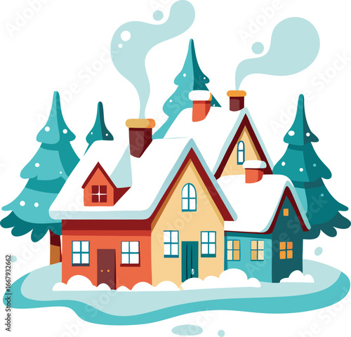 Snow Covered Cottages With Smoke Curling From Chimney