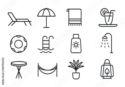 Poolside Essentials Icons. Outline icon set of poolside living: pool chair, umbrella, towel, drink tray, pool