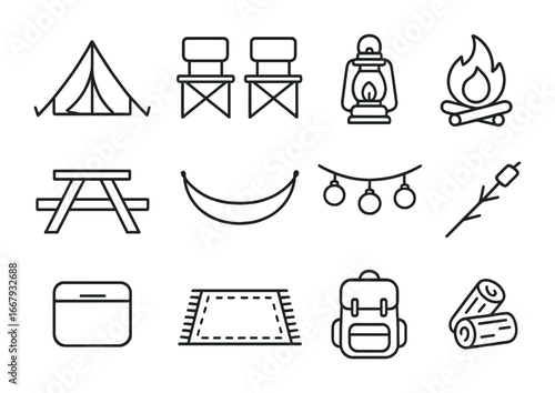 Camping Icon Set. Outline icon set of camping-style yards: tent, folding chairs, lantern, fire pit, picnic