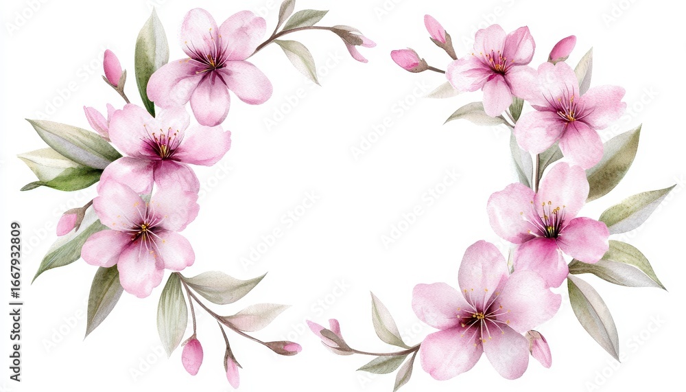 Fototapeta premium wreath of blossom pink cherry flowers in watercolor. Duo circlet of bloom rose color prunus flora in aquarelle botanical illustration springtime motif delicate petal floral
