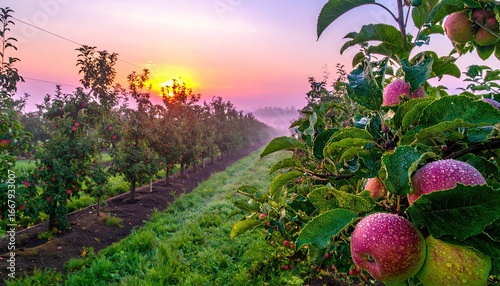 Soft Pastel Sunrise Over a Dew Covered Orchard