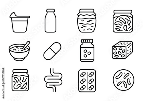 Probiotic Product Icons. Outline icon set of probiotic products: yogurt cup, kefir bottle, kombucha jar,