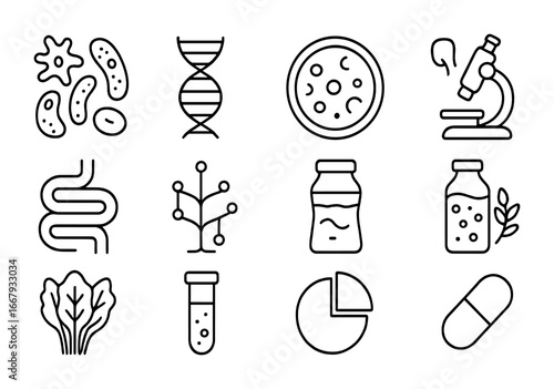 Microbiome Diversity Icons. Outline icon set of microbiome diversity: multiple bacteria cells, DNA helix,