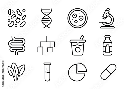 Microbiome Diversity Icons. Outline icon set of microbiome diversity: multiple bacteria cells, DNA helix,