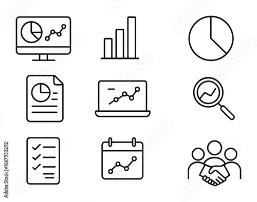 Partnership Icon Set. Outline icon set of partnership tracking and reporting: dashboard, bar chart, pie chart,
