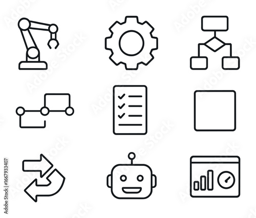 Workflow Automation Icons. Outline icon set of workflow automation: robotic arm, gear, flowchart, timeline,