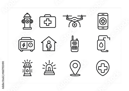 Urban Resilience Icons. Outline icon set of urban resilience systems: fire hydrant, first aid kit, rescue