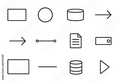 Data Flow Icons Grid. Outline icon set of data flow diagrams: process box, external entity, data store, input