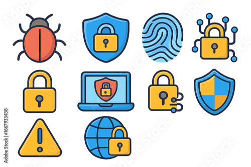 Cybersecurity icon set. Data protection and internet safety concepts. Vector symbols for web security, including bug, shield, lock, fingerprint, laptop and global network.