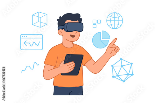 Man in VR headset explores augmented reality. Interactive data visualization with virtual elements. Future technology, metaverse simulation concept. User experience vector cartoon.