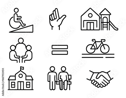 Inclusive Community Icons. Outline icon set of inclusive urban communities: wheelchair ramp, sign language