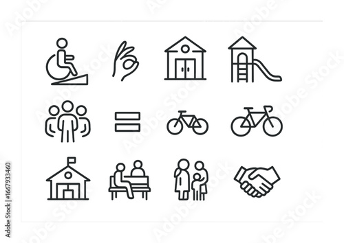 Inclusive Community Icons. Outline icon set of inclusive urban communities: wheelchair ramp, sign language