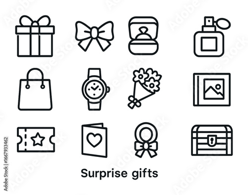 Surprise Gift Icons. Outline icon set of surprise gifts: wrapped box, bow, jewelry case, perfume bottle,