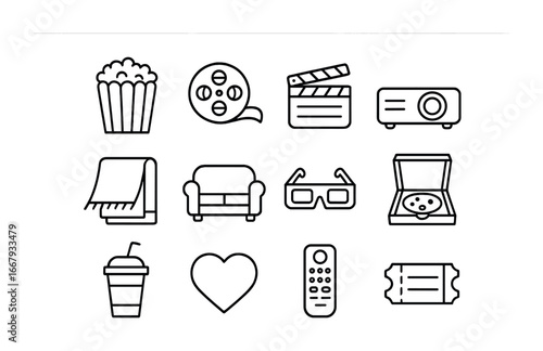 Cozy Movie Night Icons. Outline icon set of cozy movie night gifts: popcorn, film reel, clapperboard,