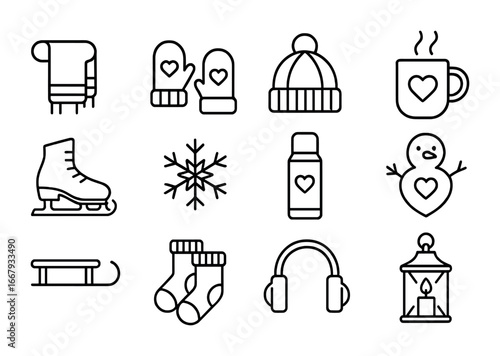 Winter Romance Icons. Outline icon set of winter romance gifts: wool scarf, mittens, knitted hat, hot
