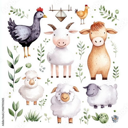 farms animal set mill. Cute domestic pets watercolor illustration. horse and goose. ranchp pig design with goat. rooster chicken and sheep cow. Charming countryside fauna artwork. adorable