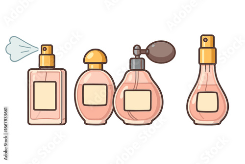 Set of cartoon perfume bottles. Pink glass containers with elegant cosmetic packaging design. Fragrance spray and atomizer for beauty, scent, glamour, and self-care.