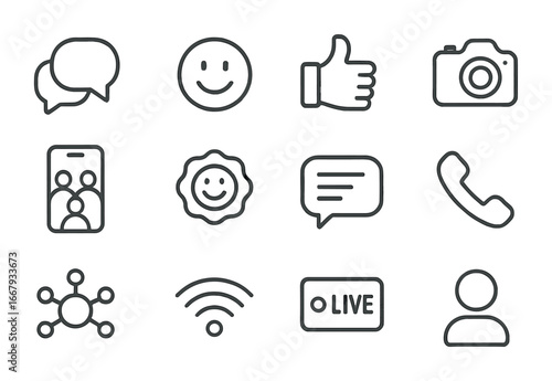Youth Communication Icons. Outline icon set of youth communication: chat bubbles, emojis, like button, selfie