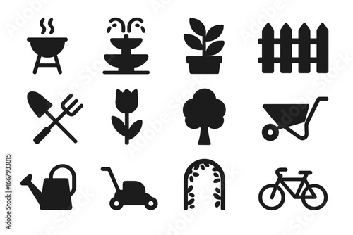 Garden and outdoor solid icon set. Backyard gardening equipment symbols collection. Vector glyphs for BBQ, fountain, plant, tools, lawnmower, fence and wheelbarrow.