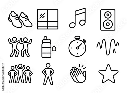 Dance Workout Essentials. Outline icon set of dance workout session: dance shoes, mirror wall, music note,