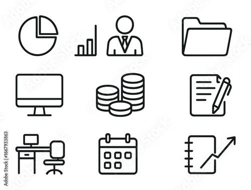 Portfolio Icon Set. Outline icon set of portfolio management: pie chart, bar chart, investor, folder, computer