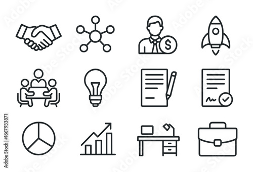 Partnership Icon Set. Outline icon set of strategic partnerships: handshake, network nodes, investor, startup