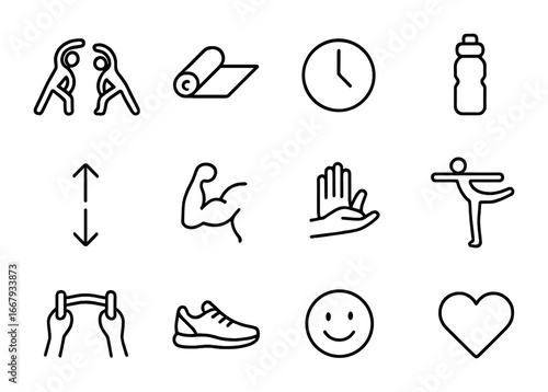 Partner Stretching Icons. Outline icon set of partner stretching: two people stretching, yoga mat, clock,