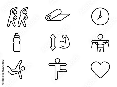 Partner Stretching Icons. Outline icon set of partner stretching: two people stretching, yoga mat, clock,
