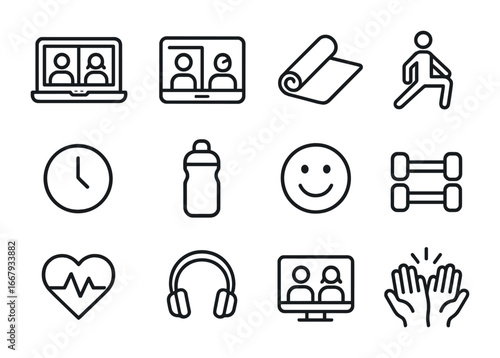 Virtual Workout Icons. Outline icon set of virtual workout with friends: laptop, video call, yoga mat,