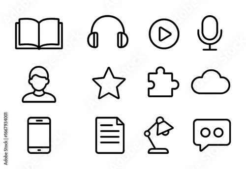 Interactive Story Icons. Outline icon set of interactive storytelling: open book, headphones, play button,