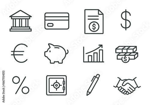 Banking Icon Set. Outline icon set of banking and loans: bank building, credit card, loan document, dollar