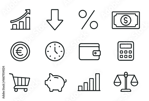 Economy Icon Set. Outline icon set of inflation and economy: growth chart, downward arrow, percentage sign,