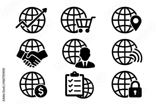 Global business solid icon set. International commerce, communication, and security symbols. Vector collection for finance, e-commerce, partnership, and worldwide growth.