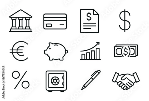 Banking Icon Set. Outline icon set of banking and loans: bank building, credit card, loan document, dollar