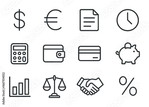 Financial Icons Grid. Outline icon set of debt and repayment: dollar sign, euro sign, document, clock,