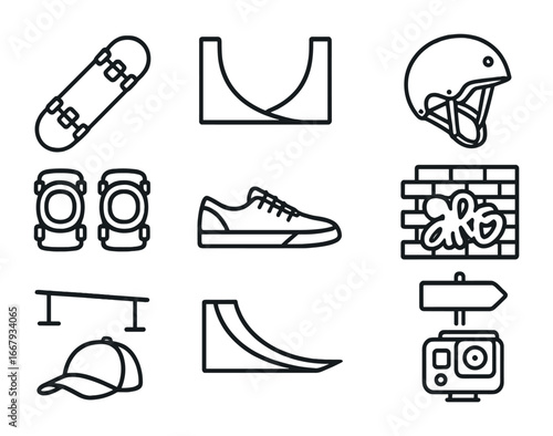 Skateboarding Icon Set. Outline icon set of skateboarding tricks: skateboard, half-pipe, helmet, knee pads,